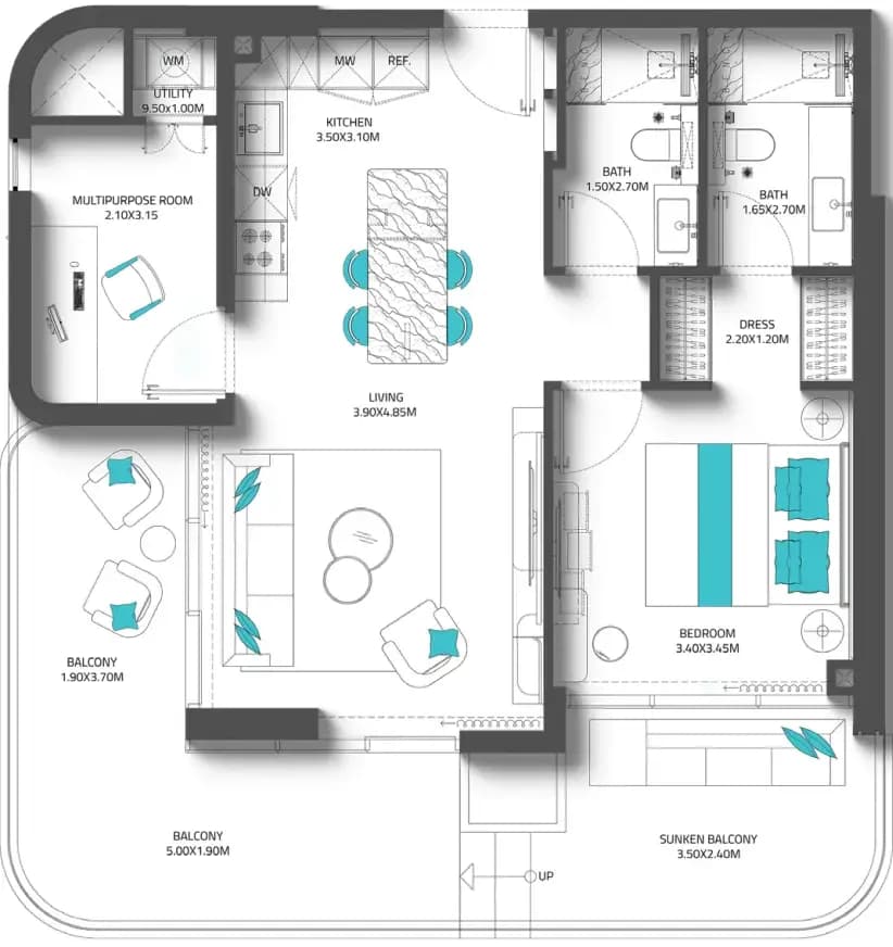 Reef 997 — 1 Bedroom floor plan